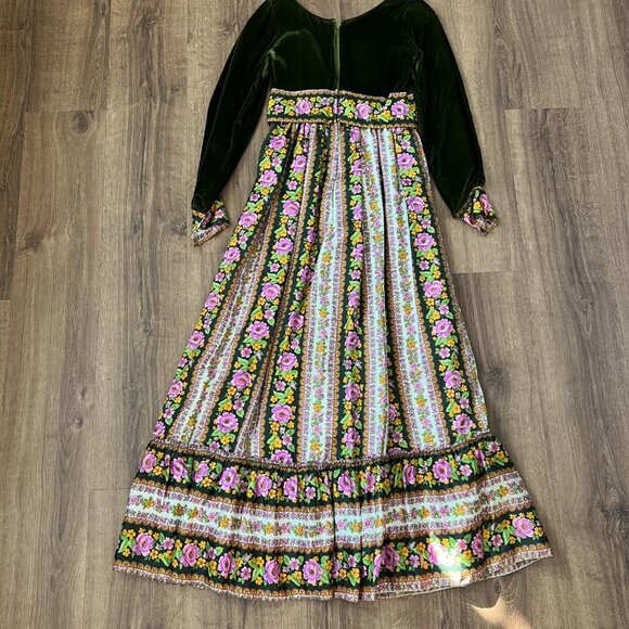 Vintage 70s Velvet Floral Cottage Prairie Peasant Maxi Dress Sz S - Picture 14 of 14